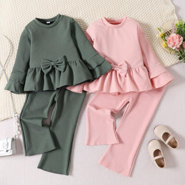 Autumn girls' long sleeved bow solid color top+bell bottoms 2-piece set Wholesale Girls Clothing
