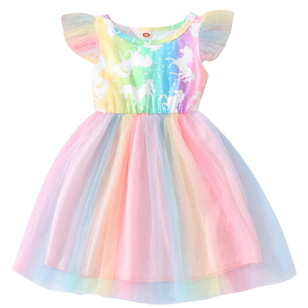 Summer Girl Rainbow Pegasus Mesh Flying Sleeve Dress Wholesale Girls Dresses