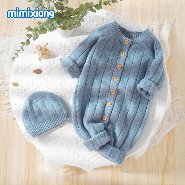 INS Autumn/Winter Baby Knit Solid Color Long Sleeve Bodysuit+Hat 2-Piece Set Baby Wholesale Clothes