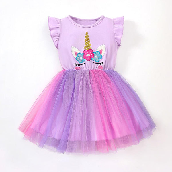Summer Girls' Cartoon Unicorn Mesh Short Sleeve Princess Dress Wholesale Girls Dresses