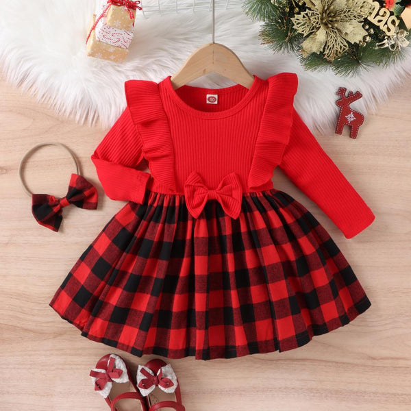 Autumn/Winter Girls' Pit Stripe Butterfly Edge Long Sleeve Bow Tie Patched Plaid Dress with Headband Wholesale Girls Clothing
