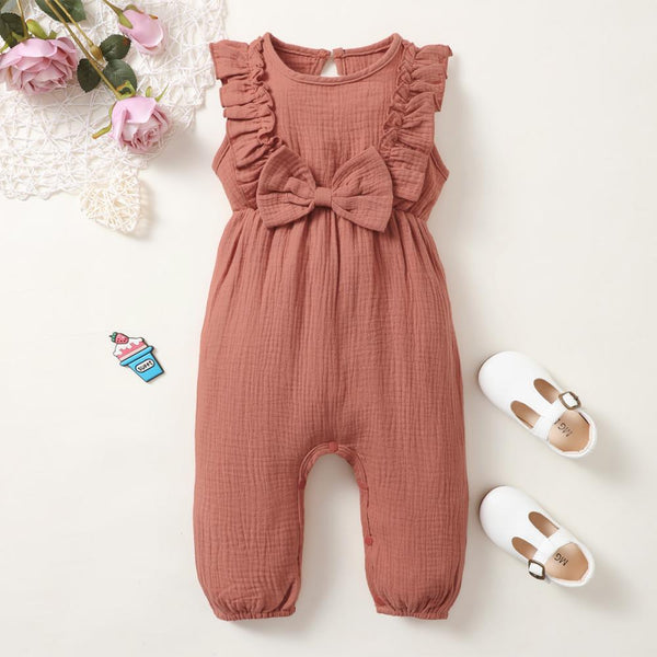 Female baby spring and summer pure cotton solid color cute bow sleeveless jumpsuit 1 piece Baby Wholesale Clothes