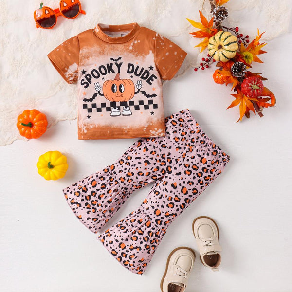 Girls' Halloween pumpkin print top leopard print pants set Cheap Baby Clothes Wholesale