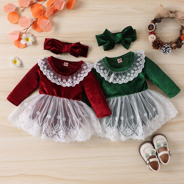 Winter Baby Girl Long Sleeve Embroidered Mesh Dress Romper with Hairband Cheap Baby Clothes Wholesale
