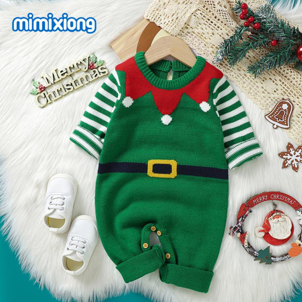 INS Autumn/Winter Baby Knitted Stripe Christmas Jacquard Sweater Newborn Bodysuit Baby Wholesale Clothes