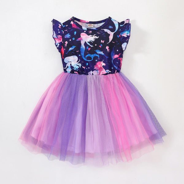 Girls' printed mermaid princess mesh short sleeved dress Wholesale Girls Dresses