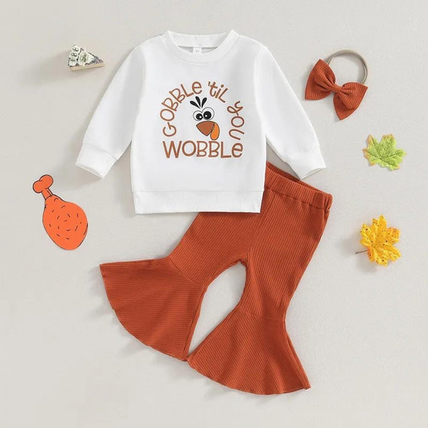 Autumn Girls' Thanksgiving Long Sleeve Letter Sweater Flare Pants Set Wholesale Baby Clothing
