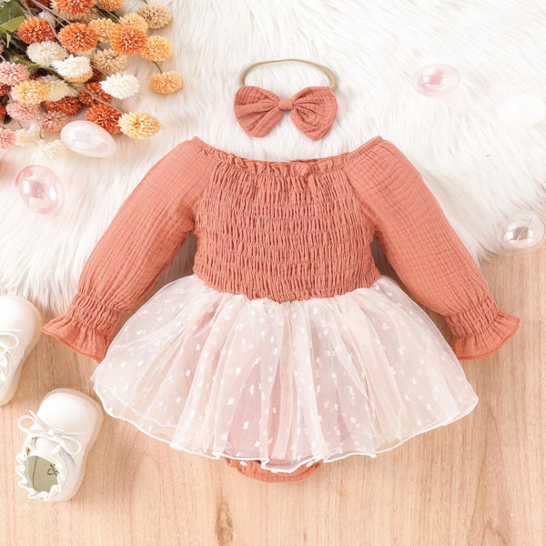 Autumn Baby Sweet Mesh Dress Romper with Bow Headwear Baby Wholesale Clothes