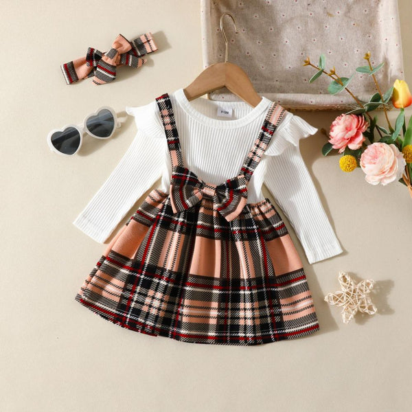 Spring and Autumn Girls' Fake Two Long Sleeve Strap Checkered Princess Skirt Baby Wholesale Clothes