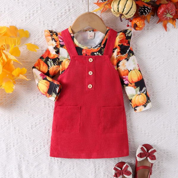 Girls' Halloween Pumpkin Print Long Sleeve Corduroy Strap Dress Two Piece Set Wholesale Girls Clothing