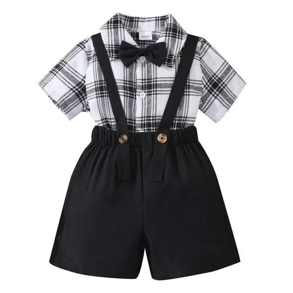 Summer Boys' Short Sleeve Plaid Top+Strap Shorts Set Wholesale Boys Clothing