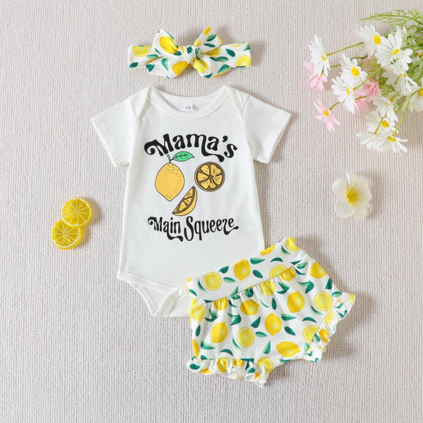 Summer Girls' Letter Lemon Print Romper+Shorts Set Cheap Baby Clothes Wholesale