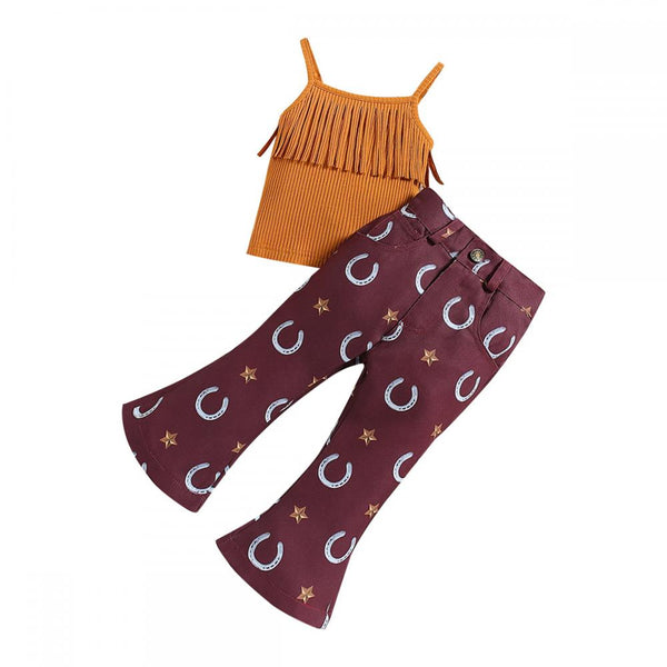 INS Summer Girls' Tassel Strap Top+Denim Flare Pants Wholesale Girls Clothing