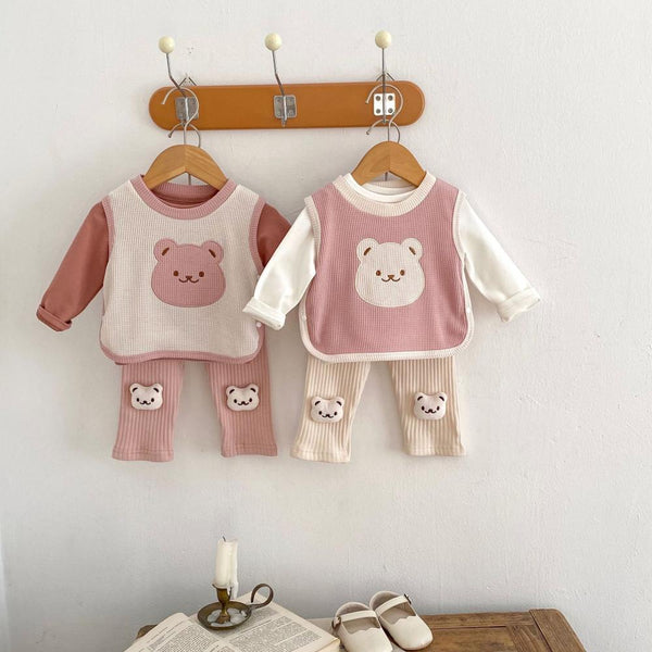 Autumn Baby Bear Head Embroidered Vest and Solid Bottom Shirt and Pit Striped Bottom Pants Cheap Baby Clothes Wholesale