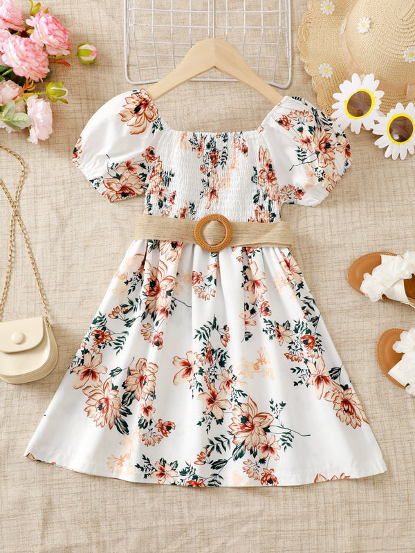 Girl's belt wearing dress, summer new fashionable and trendy children's casual and comfortable floral princess dress Wholesale Girls Dresses