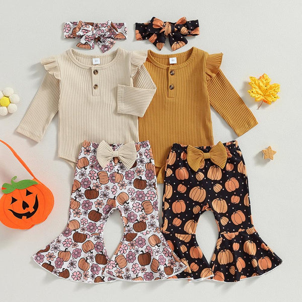 Autumn Baby Girl Halloween Pumpkin Print Flare Pants Set Cheap Baby Clothes Wholesale