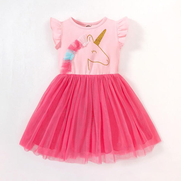 Girls' Summer Flying Sleeve Printed Cartoon Dress Pink Mesh Princess Dress Wholesale Girls Dresses