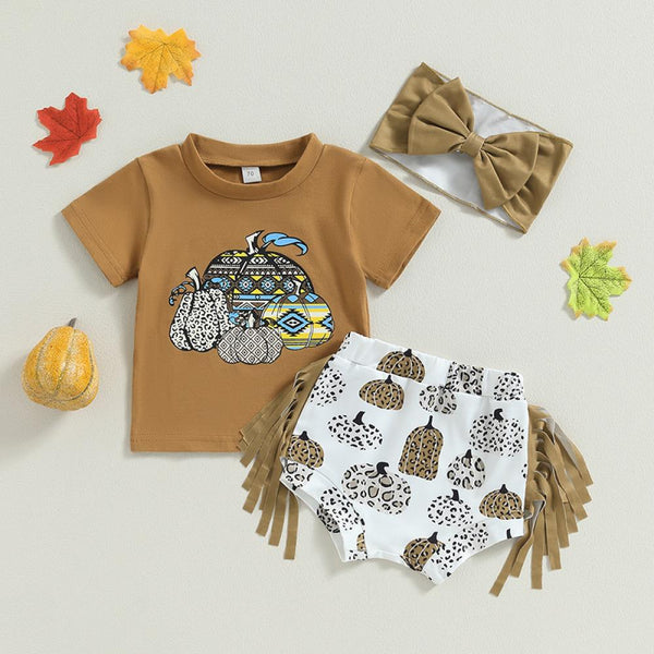 Newborn Girls' 3-piece Baby Halloween Clothing Short Sleeve Pumpkin Print T-shirt Top Tassel Shorts Set Baby Wholesale Clothes