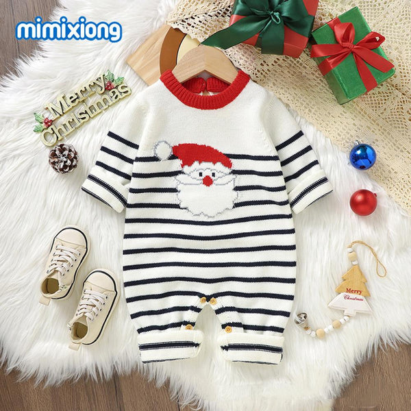 INS Autumn/Winter Infant/Toddler Christmas Cute Santa Claus Jacquard Knitted One Piece Romper Baby Wholesale Clothes