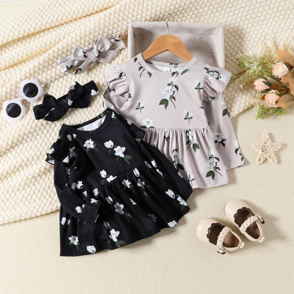 Autumn Girls' Fragmented Flowers and Ruffles Long Sleeve jumpsuit+Headband Baby Wholesale Clothes