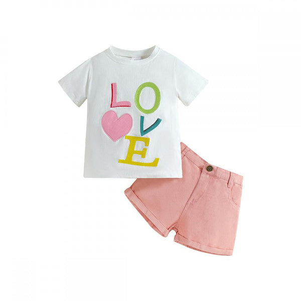 Summer girl cute embroidered letter top+pink denim shorts Wholesale Kids Clothing