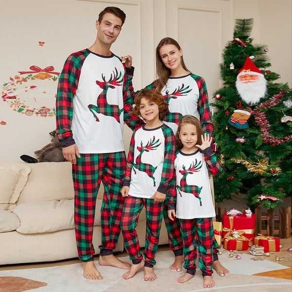 Christmas parent-child cartoon elk plaid printed Christmas pajama set Mommy And Me Wholesale Clothing
