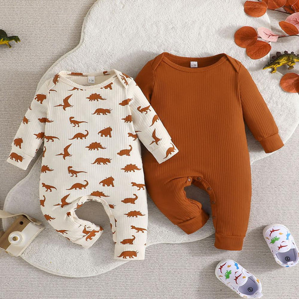 Baby casual long sleeved solid color jumpsuit dinosaur print jumpsuit two-piece combination set Baby Wholesale Clothes