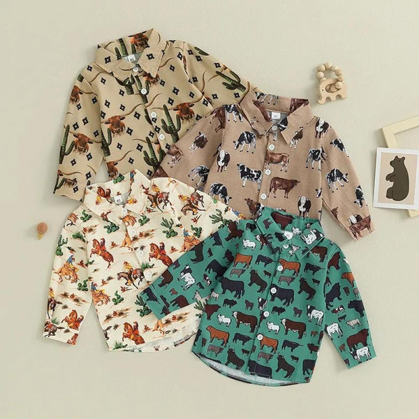 Autumn Boys' Western Cow Print Shirt Children's Long Sleeve Lapel Single breasted Shirt Baby Wholesale Clothing