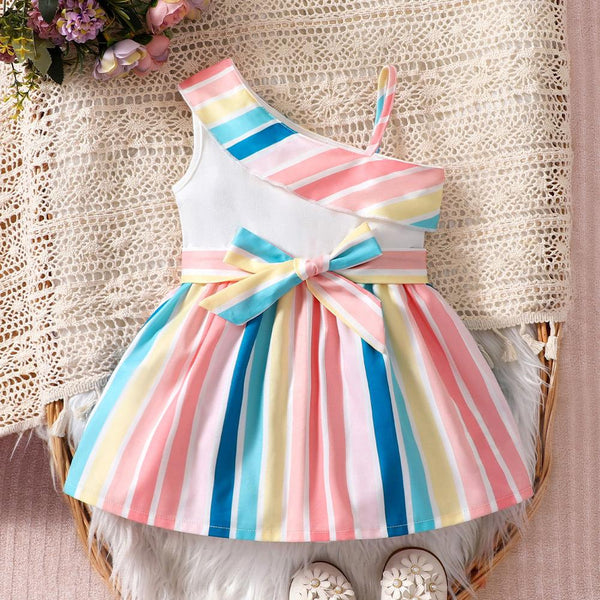 Girls' Rainbow Stripe Oblique Shoulder Dress Princess Dress Baby Wholesale Clothes