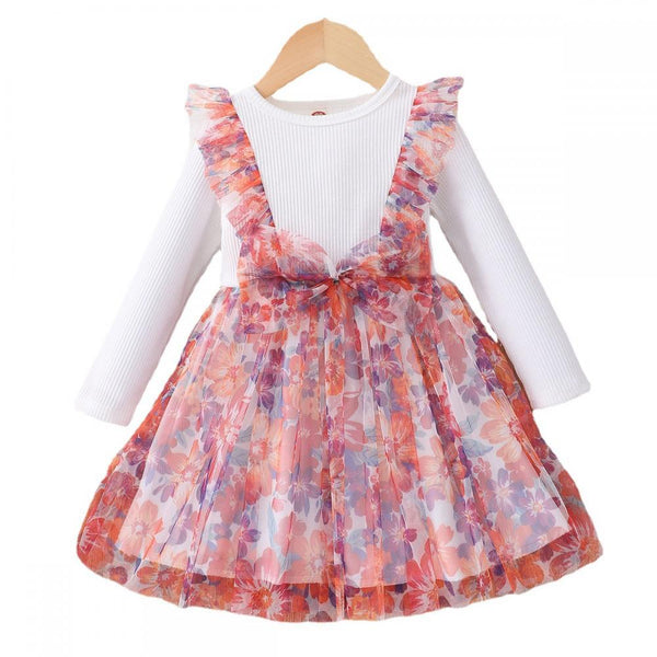Spring and Autumn Girls' Long sleeved Flower Mesh Dress Wholesale Girls Dresses