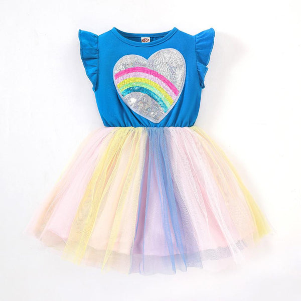 Summer Girls' Heart shaped Rainbow Beaded Princess Dress Children's Mesh Ponchy Skirt Wholesale Girls Dresses