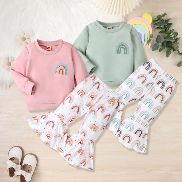 Autumn Girls' Rainbow Print Long Sleeve Round Neck Sweater Flare Pants 2 Piece Set Wholesale Girls Clothing