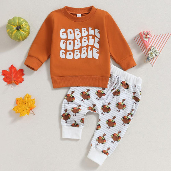 Boys' Thanksgiving Letter Turkey Print Long Sleeve Set Cheap Baby Clothes Wholesale
