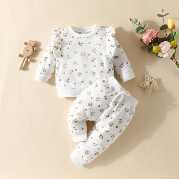 Spring and autumn baby girl's  flower printed ruffle top & pants Cheap Baby Clothes Wholesale
