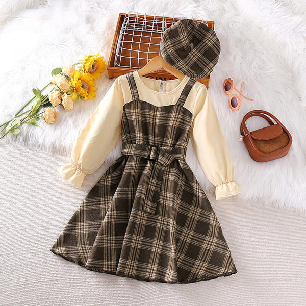 Autumn British style long sleeved patchwork plaid princess skirt Wholesale Girls Dresses