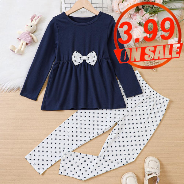 No Profit On Sale Spring and Autumn Girls' Long Sleeve Bow Top+Star Printed Pants 2 Piece Set Wholesale Girls Clothing