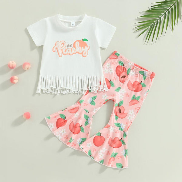 Summer Girls' Peach Short Sleeve Tassel Edge T-shirt+Bell Pants Set Wholesale Little Girl Clothes