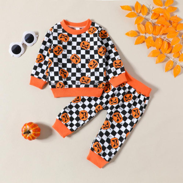 Halloween Set Boys' Checkered Pumpkin Print Long Sleeve Set Baby Wholesale Clothes