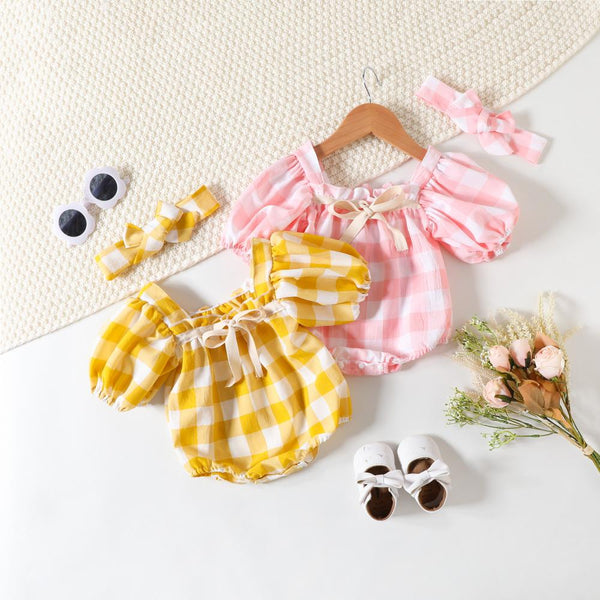 Summer Baby Girls' Checker Print Off Shoulder Romper Baby Rompers Wholesale