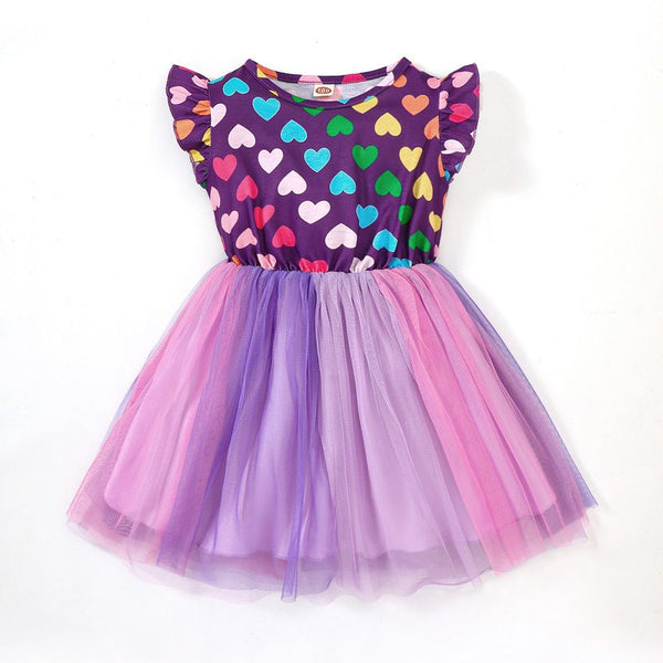 Summer Girls' Printed Dress Small Flying Sleeve Heart Shape Mesh Princess Dress Wholesale Girls Dresses