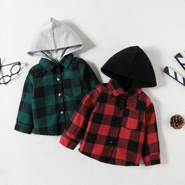 Autumn Boys' Casual Single breasted Polo Collar Plaid Hooded Top Cheap Baby Clothes Wholesale