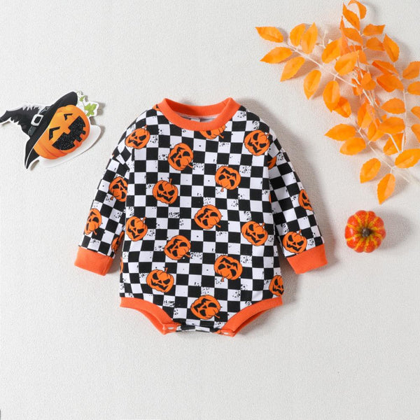 Autumn Baby Halloween Pumpkin Checkerboard Printed Long Sleeve Bodysuit Baby Wholesale Clothes