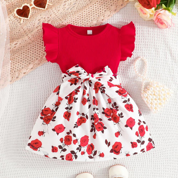 Spring and summer flying sleeve dress+belt two -piece putting rose printed Valentine's Day fashion versatile young children Baby Wholesale dresses