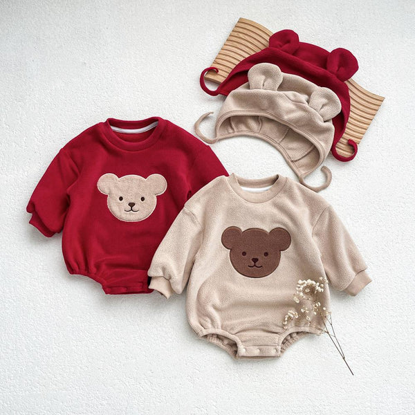 Baby Winter Round Neck Cartoon Bear Hooded Triangle Romper Baby Wholesale Clothes