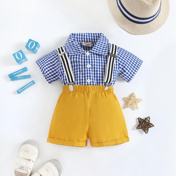 Summer Boys' Gentleman Blue Plaid Shirt+Yellow Strap Shorts Wholesale Kids Clothing