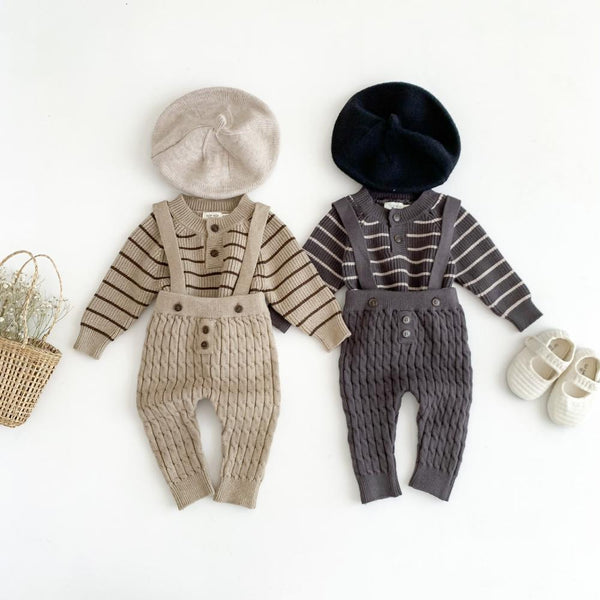 Spring and Autumn Baby Knitted Round Neck Sweater and Strap Pants Baby Wholesale Clothing(Without Hat)