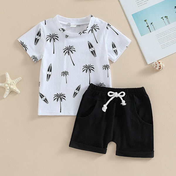 Boys' summer 2-piece set of short sleeved coconut tree printed T-shirt+shorts Baby Wholesale Clothes