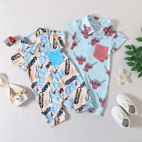 Summer Boys' Cartoon Cow Head Letter Printed Jumpsuit Baby Wholesale Clothes
