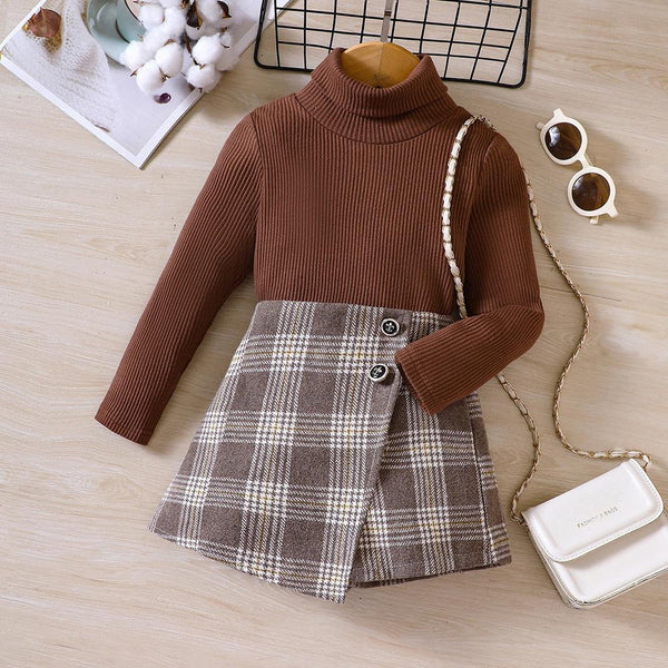 Autumn and Winter Girls' High Neck Knitted Warm Long Sleeve Top Plaid Culottes 2-Piece Set Wholesale Girls Clothing