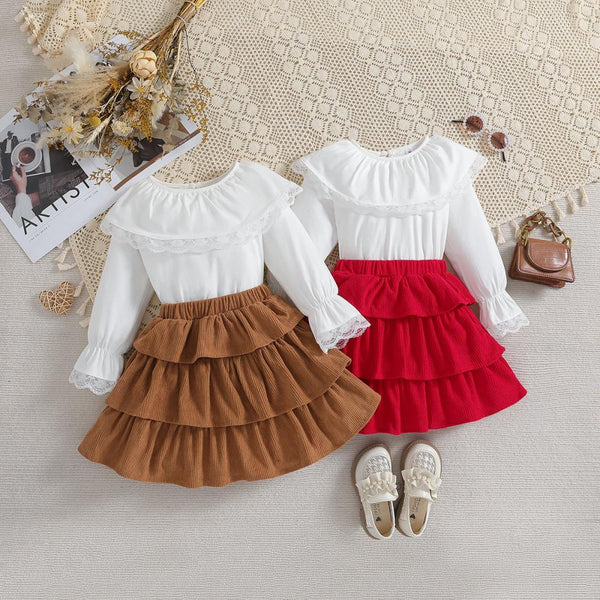 Autumn Girls' Set Sweet Lace Lace Top+Corduroy Short Skirt 2-Piece Set Wholesale Girls Clothing